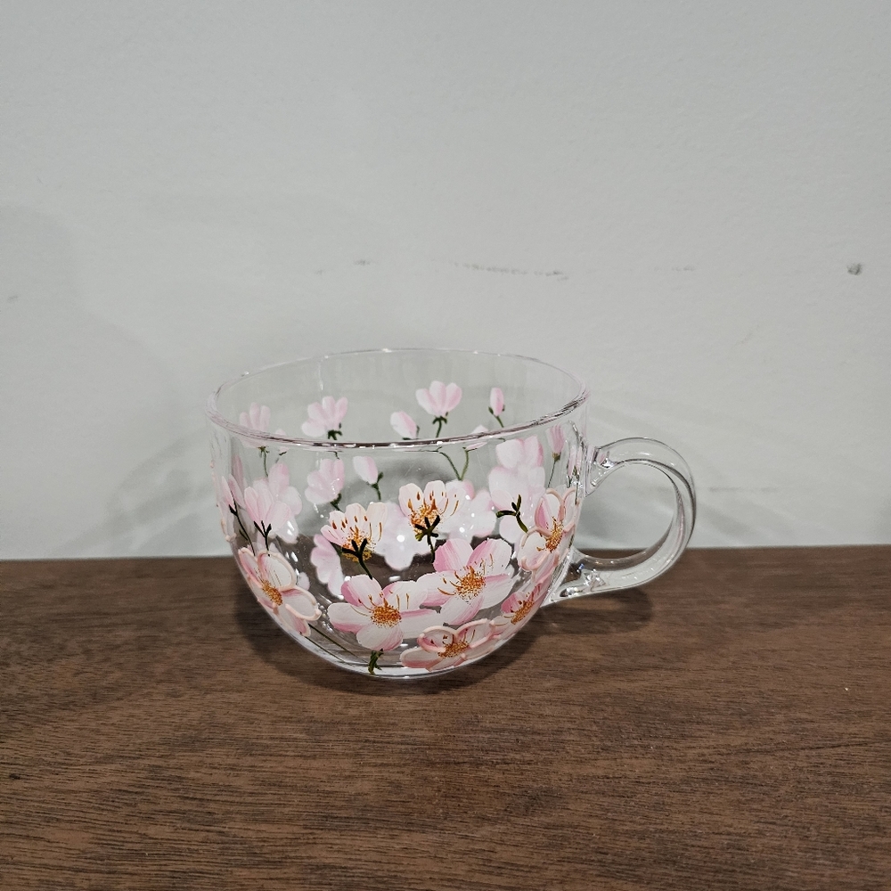 Hand painted Glass Cup with Pink and White Floral Design, Glossy Finish,